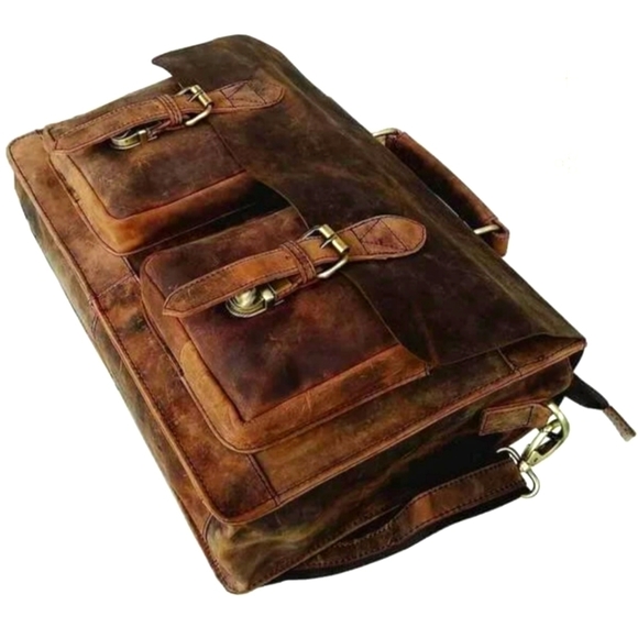 Vintage Raw hide Buffalo leather Rugged Style briefcase with plenty compartments